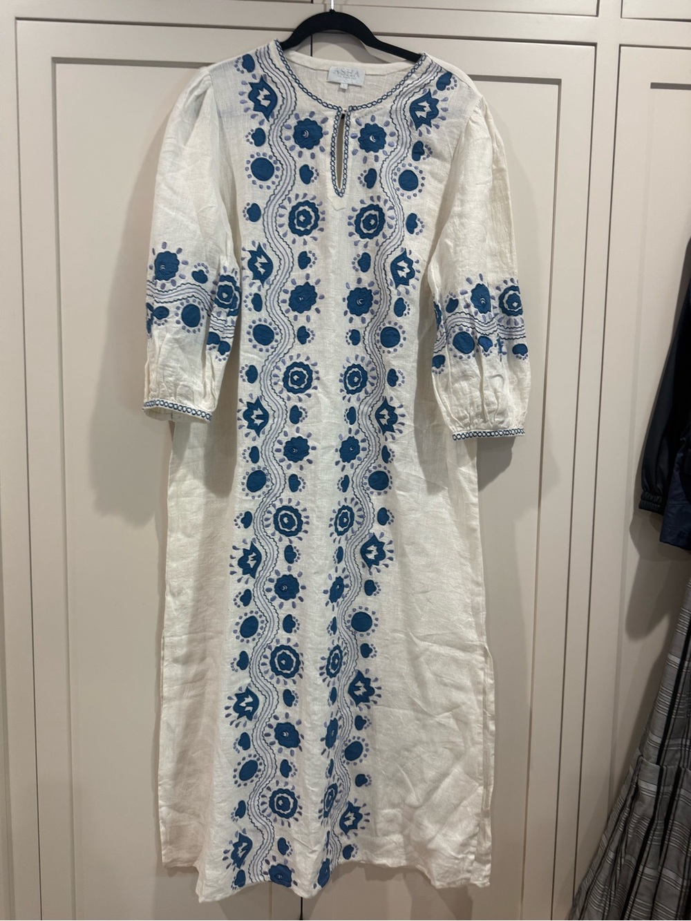 White Cotton Embroidered Midi Dress with Blue Floral Motif